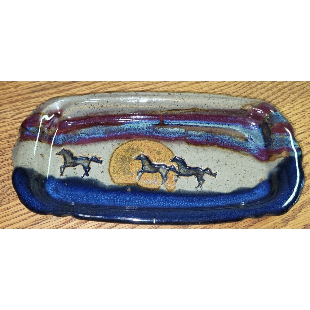 Jepson Studio Pottery Tray Running Horses Sun Glazed Stoneware Dish Blue Purple